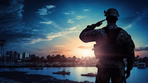 Der salutierende Soldat mit der Küstenstadt im Hintergrund symbolisiert Schutz, Patriotismus und Ehre