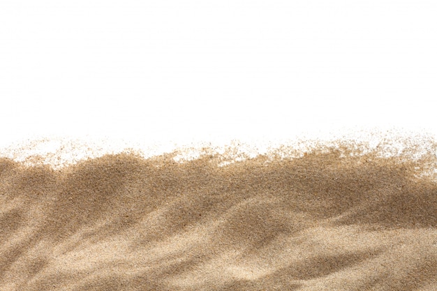 Foto der sand isoliert. flache lage, draufsicht. speicherplatz kopieren.
