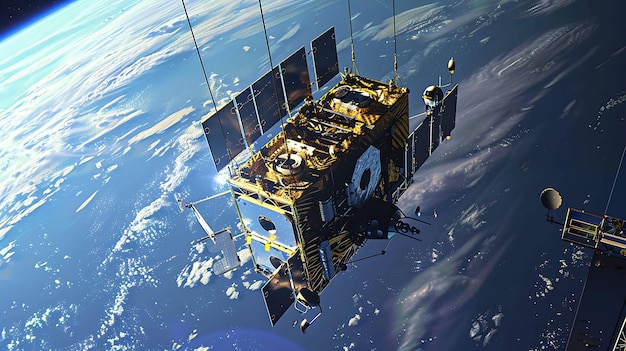 Der Satellit ist eine komplexe Maschine, die die Erde umkreist. Er wird verwendet, um Daten und Bilder der Erdoberfläche zu sammeln.
