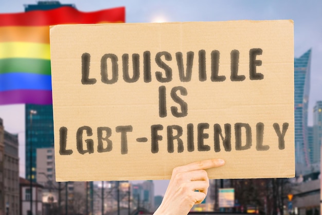 Der Satz Louisville ist LGBTFriendly auf einem Banner in Männerhand mit verschwommener LGBT-Flagge