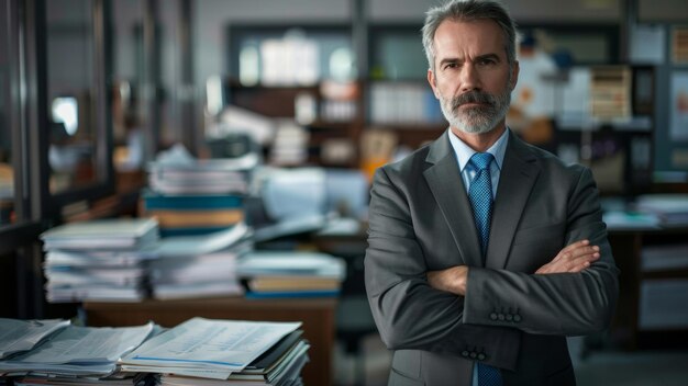 Der scharfsinnige Manager steht zuversichtlich in seinem Büro, das mit Dokumenten gefüllt ist