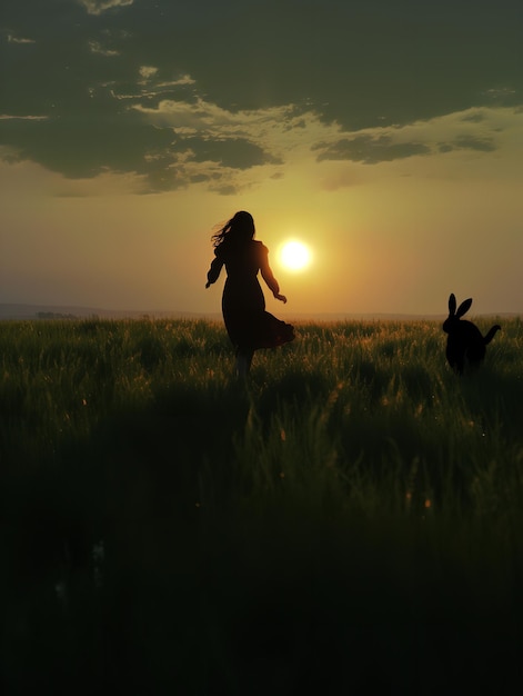 Der Schatten einer Frau vor dem Sonnenuntergang in einer kinematografischen Bewegung, die während der goldenen Stunde aufgenommen wurde