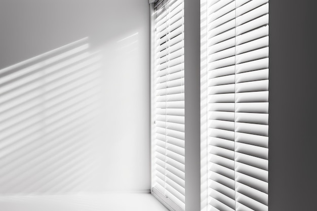 Der Schatten von den Jalousien des Fensters auf einer weißen Wand bei sonnigem Wetter mit hellem Licht KI