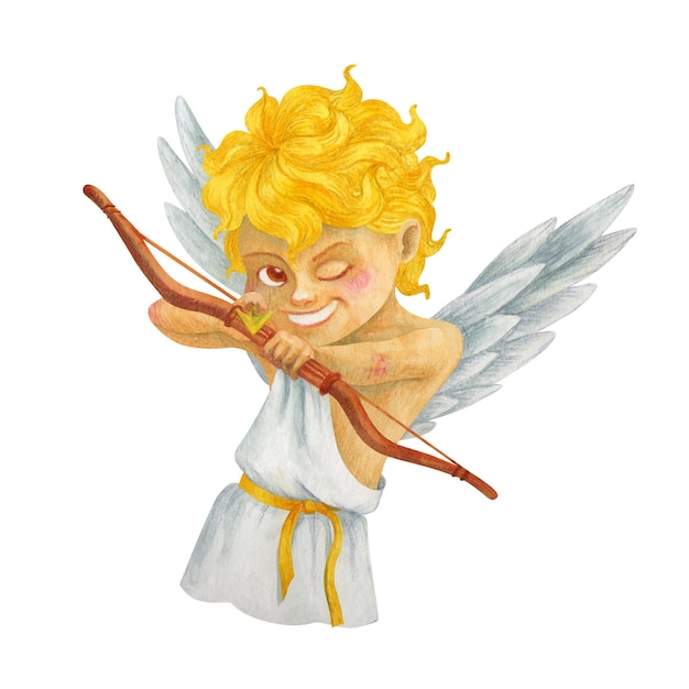 Der schelmische Cupid richtet einen Pfeil vom Bogen auf einen Zuschauer Isolierter Aquarell-Cartoon-Kerub-Engel