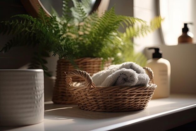 Der schicke und funktionale Korb für Reinigungsmittel und der frische Farn betonen ein modernes, generatives Badezimmer