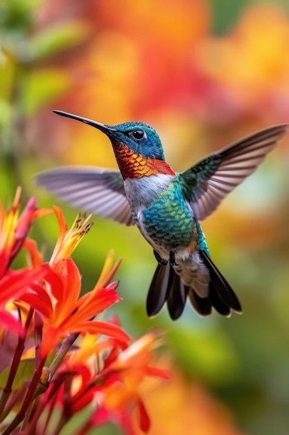 Der schimmernde Hals-Kolibri nähert sich orangefarbenen Blüten mit einem herbstlichen Bokeh