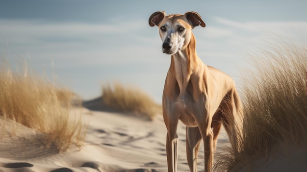 Der schlanke und stilisierte Hund steht im Sand Lensbaby Composer Pro Ii