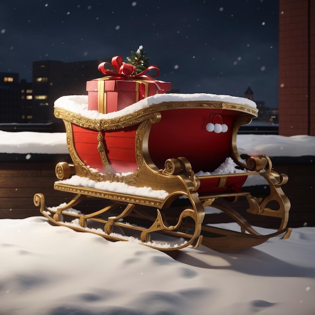 Der Schlitten des Weihnachtsmanns, der auf einem verschneiten Dach geparkt ist, bereit für seine jährliche Geschenklieferung