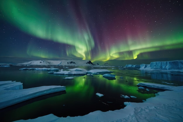 der Schnee in der Antarktis und der Polarlichthimmel