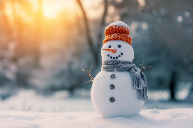 Der Schneemann steht mit Hut und Schal im Schnee