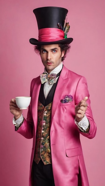 Der schockierte Mann hat das Bild des mysteriösen Hutmachers aus dem Wunderland trägt helle Make-up-Posen mit einer Tasse Tee