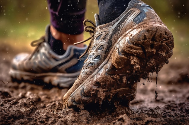 Der Schuh eines Läufers ist mit Schlamm und Schlamm bedeckt.