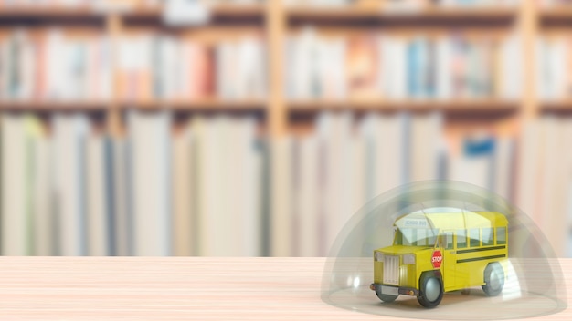 Der Schulbus und die Glaskuppel auf Holztisch für Bildung und Ausbrüche Konzept 3D-Rendering