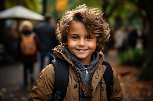 Der Schuljunge auf einem Schulhof Der Schuljunge steht halb umgekehrt zur Kamera Er schaut in eine