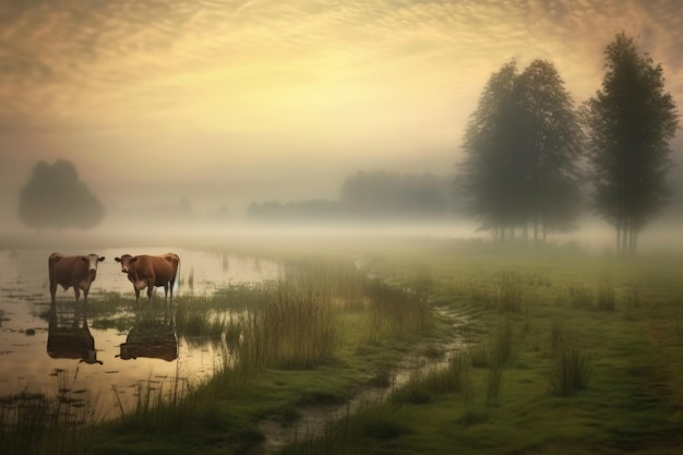 Der Schwanz einer Kuh rauscht auf einer nebligen Morgenwiese, die mit generativer KI geschaffen wurde