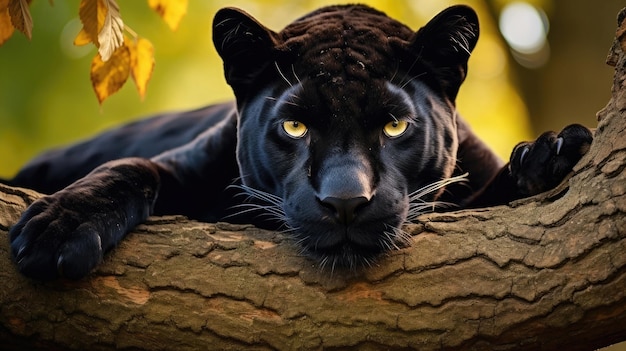 Der schwarze Panther liegt auf einem Ast