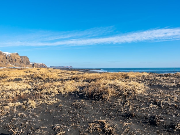 Der schwarze Sandstrand Reynisfjara ist das Wahrzeichen der Stadt Vik in Island, umgeben von Basaltbergen unter blauem Himmel in der Wintersaison