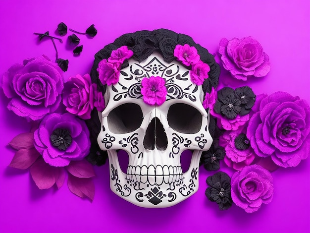 Der schwarze Totenkopf ist mit lila und rosa Blüten verziert