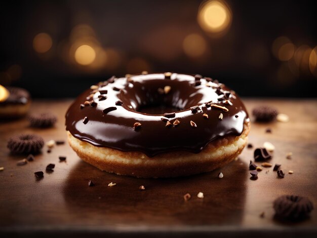 Der schwimmende köstliche Schokoladen-Donut ist eine Schönheit, er hat eine tiefe, reiche Schokoladenfarbe.