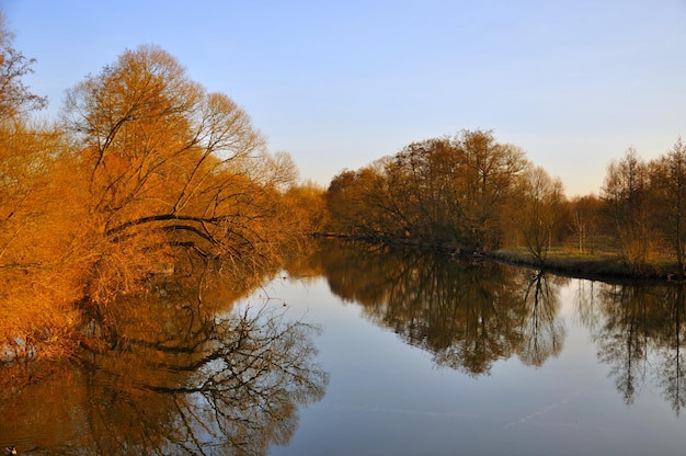 Der See mit roten Bäumen ohne Blätter im Frühling im Aue Park in Fulda Hessen Deutschland
