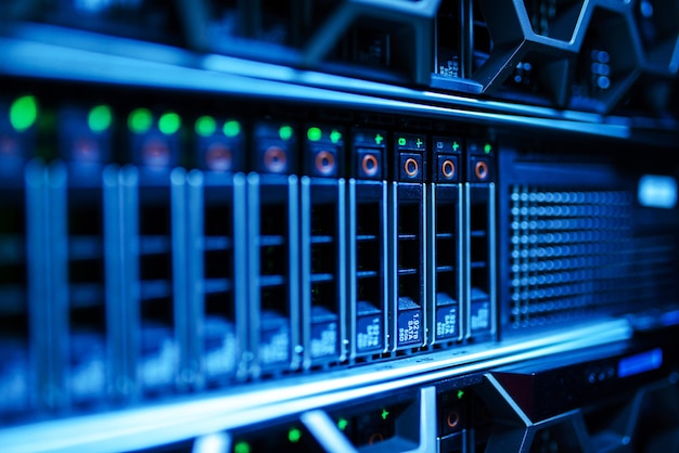 Der Serverraum sagt dem Computer-Server, der kontinuierlich arbeitet, über die Leistung und den Fortschritt