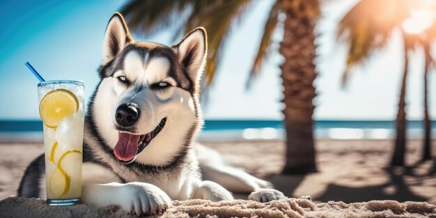 Der sibirische Husky-Hund ist im Sommerurlaub im Badeort und entspannt sich am Sommerstrand von Hawaii