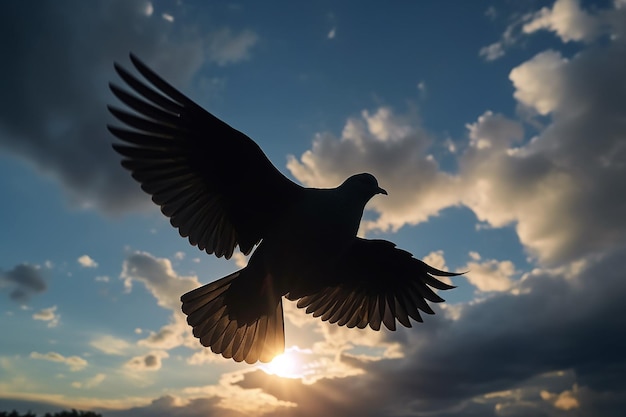 Der Silhouettenschatten einer Taube, die Flügel ausbreitet und in den Himmel fliegt, symbolisiert Frieden