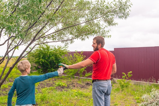 Der sohn hilft seinem vater im garten ein junge gibt einem mann eine säge zum hygienischen beschneiden eines baumes