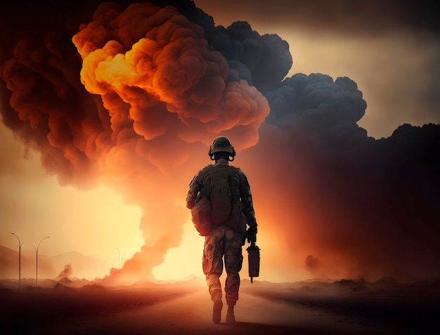 Der Soldat geht umgeben von farbigen Rauchwolken davon