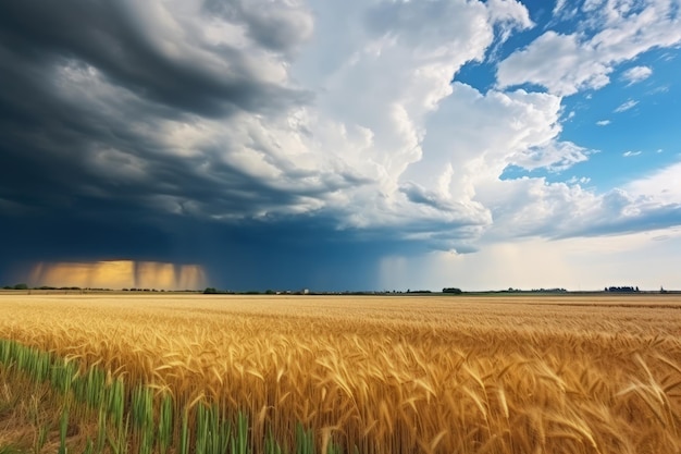 Der Sommerregen fällt stark auf ein Dorf, während sich eine graue Wolke über einem mit Weizen gefüllten Ackerfeld bewegt