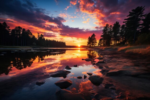 Der Sonnenaufgang spiegelt den Himmel im See wider, ein wunderschönes Bild des Sonnenaufgangs.