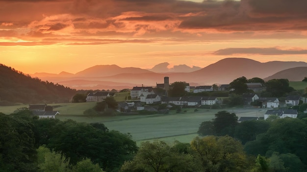 Der Sonnenaufgang über dem Dorf eine wunderbare Morgenlandschaft