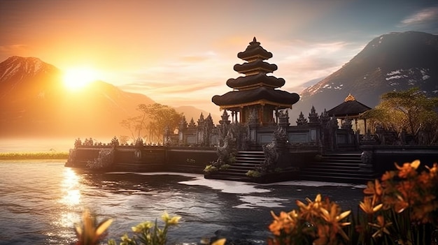 Der Sonnenuntergang am Pura Lempuyang Luhur Tempel auf Bali, erzeugt durch KI