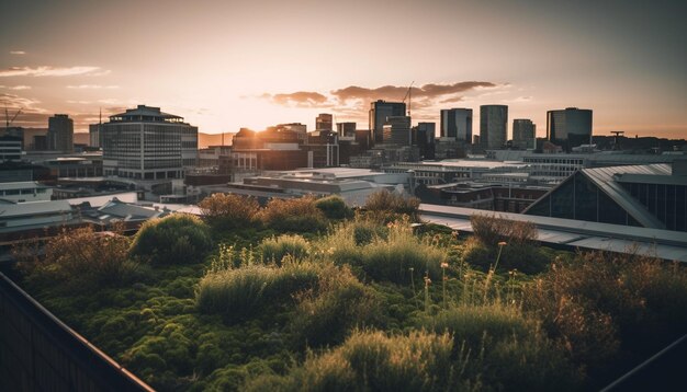 Foto der sonnenuntergang erleuchtet die skyline einer modernen stadt und reflektiert das von ki erzeugte wasser