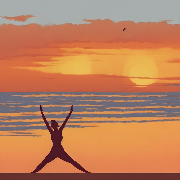 Der Sonnenuntergang stellt eine einsame Figur dar, die friedlich Yoga praktiziert, erzeugt durch künstliche Intelligenz
