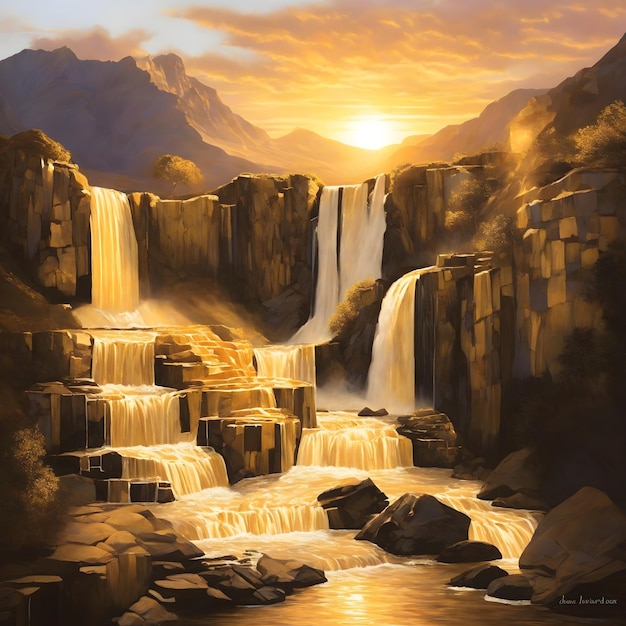 Der Sonnenuntergang taucht den Wasserfall in Goldtöne