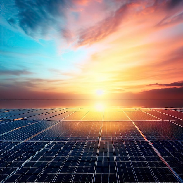 Der Sonnenuntergangshimmel spiegelt die nachhaltige Stromerzeugung durch Solarmodule wider