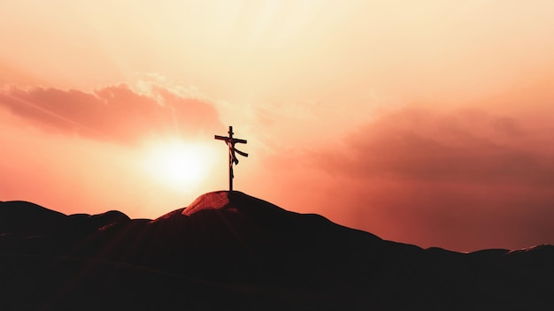 Der Sonnenuntergangshimmel über dem Golgatha-Hügel ist blutrot gefärbt und Textilien flattern auf dem heiligen Kreuz symboliz