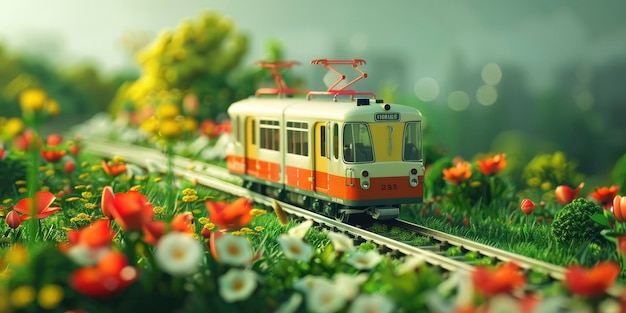 Der städtische U-Bahn-Oase gleitet auf Gleisen, umgeben von Blumen und grünem Gras, und schafft einen unerwarteten Hafen im Herzen der Stadt