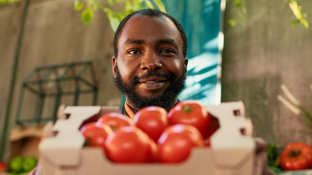 Der Standinhaber eines jungen Mannes präsentiert den Menschen eine Schachtel Tomaten und zeigt den Verbrauchern natürliche, lokal angebaute Produkte. Männlicher Geschäftsinhaber mit bunten Öko-Produkten. Handaufnahme.