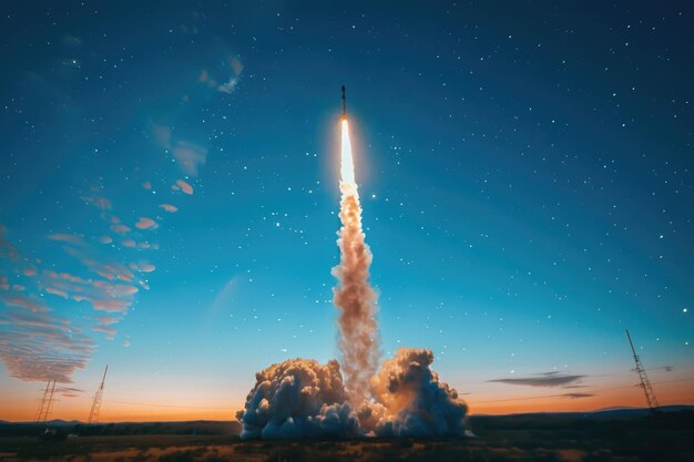 Foto der start einer raumrakete in der nacht beleuchtet den dunklen himmel mit feuer und rauch