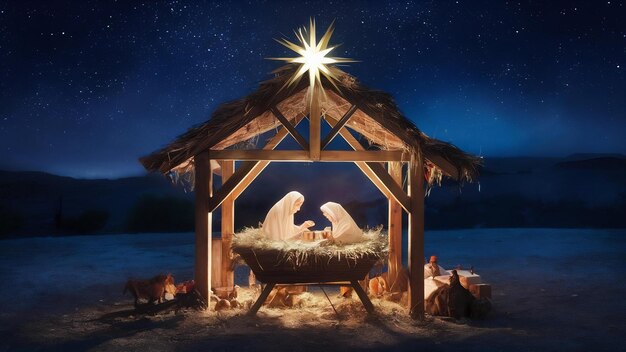 Der Stern leuchtet über der Krippe der Weihnachtsfeier von Jesus Christus