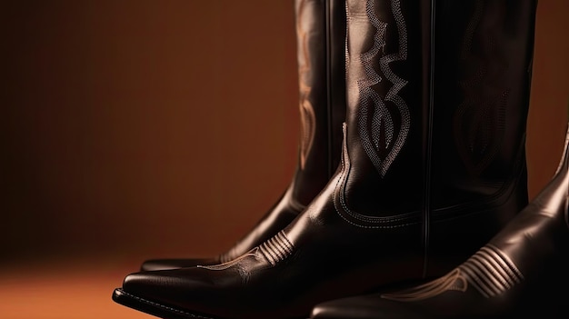 Der Stiefel eines Cowboys ist auf einem braunen Hintergrund.