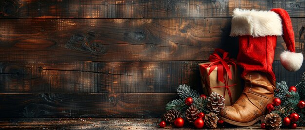 Foto der stiefel und die tasche des weihnachtsmanns sind von geschenken und zapfen an einer holzwand umgeben