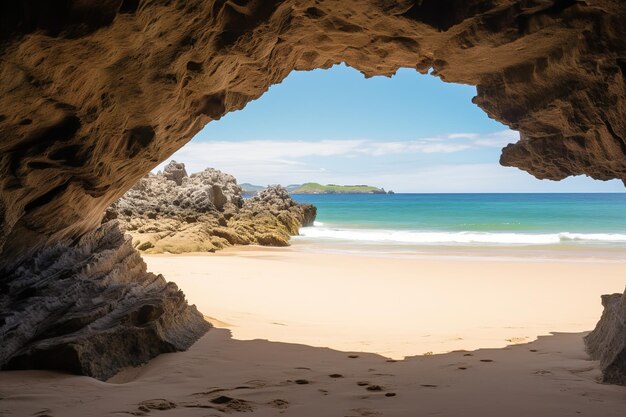 der Strand von der Innenseite einer großen Felshöhle