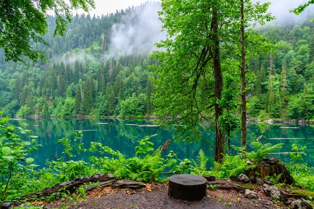 Der strömende tropische Regen auf dem Bergsee