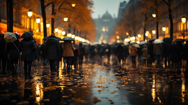 Der Strom von Menschen mit Regenschirmen in einer Fußgängerzone. Herbstwetter in der Stadt