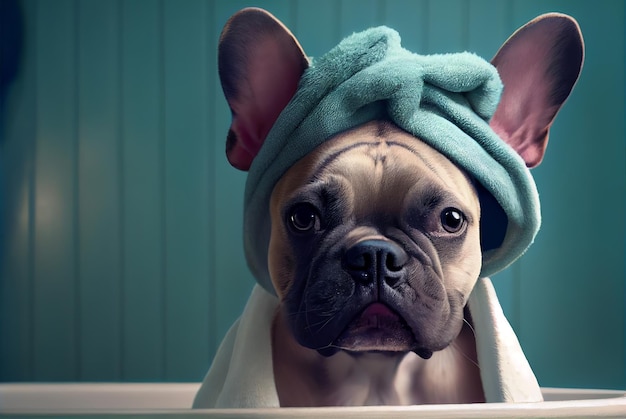 Der süße französische Bulldoggenhund sitzt mit einem blauen Handtuch auf dem Kopf in der Badewanne