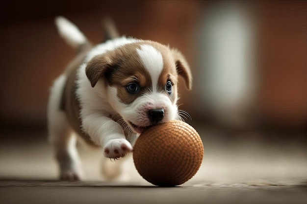 Der süße Welpe spielt mit dem Ball, rollt ihn herum und jagt ihm hinterher