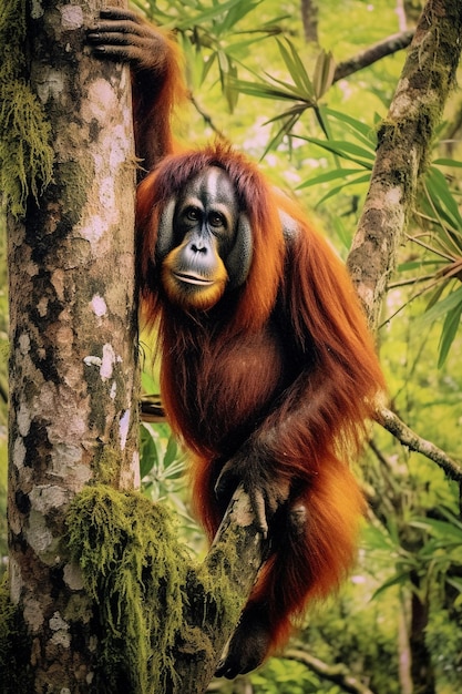 Der Sumatra-Orangutan klettert herunter.